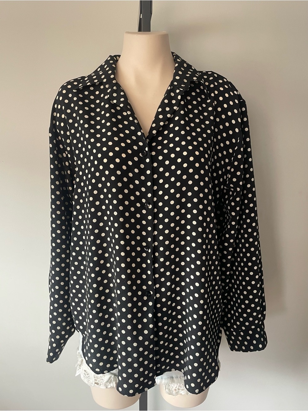90s Vintage Significance Polka Dot Button Down Blouse Black White Oversized